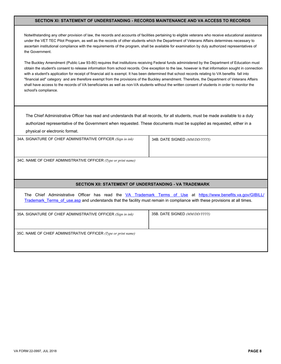 VA Form 22-0097 Application for Vet Tec Pilot Program (Training Provider), Page 8