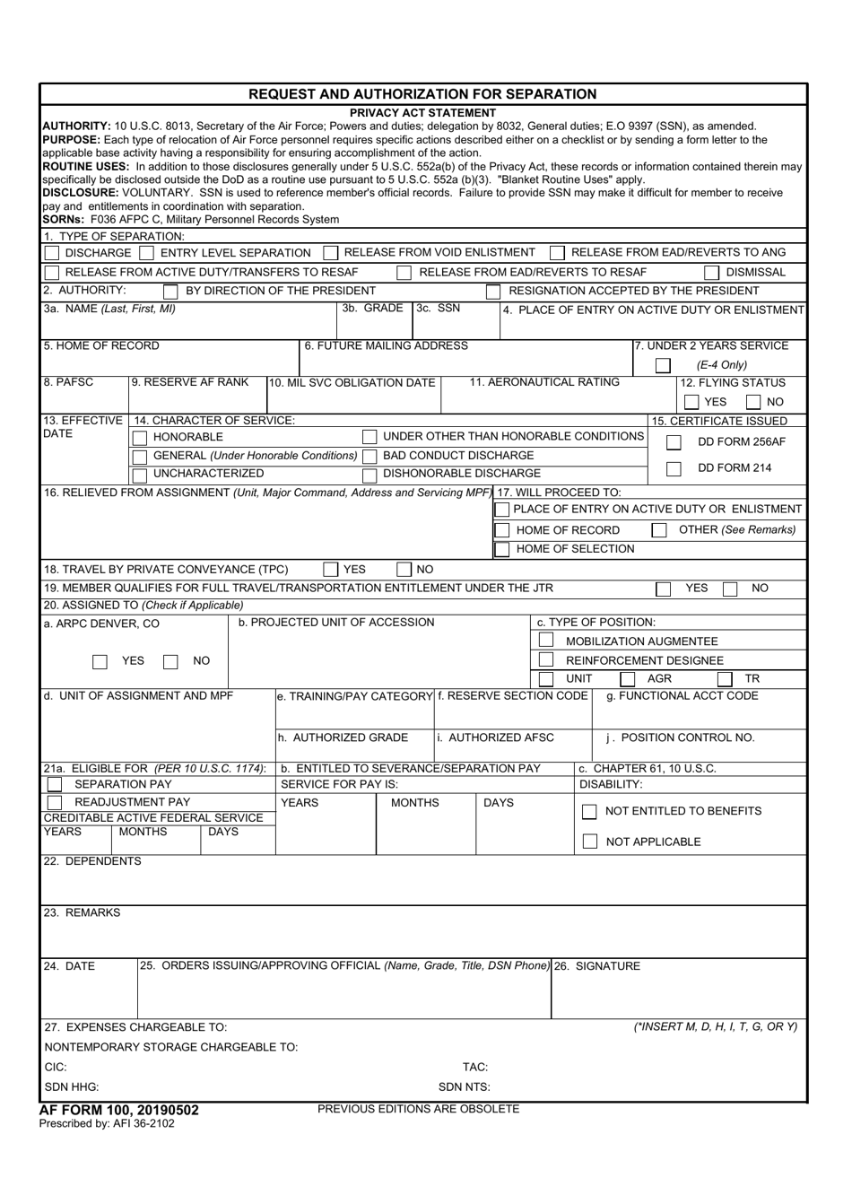 AF Form 100 Request and Authorization for Separation, Page 1