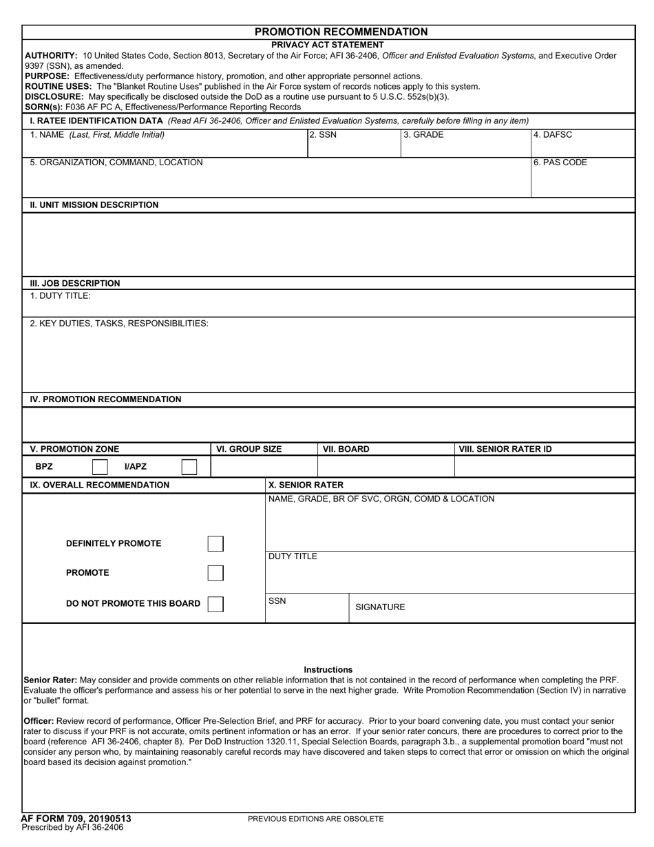 AF Form 709 Promotion Recommendation, Page 1