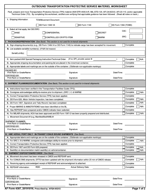 AF Form 4387 Outbound Transportation Protective Service Materiel Worksheet