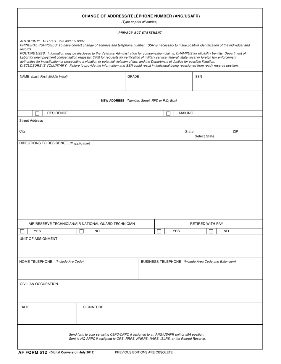 AF Form 512 Change of Address / Telephone Number (ANG / USAFR), Page 1