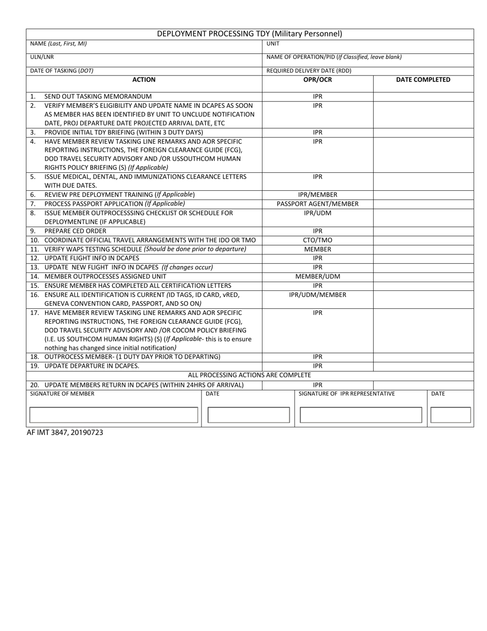 AF IMT Form 3847 Deployment Processing Tdy, Page 1