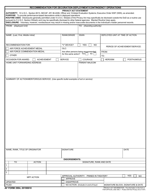 AF Form 3994 Recommendation for Decoration Deployment/Contingency Operations
