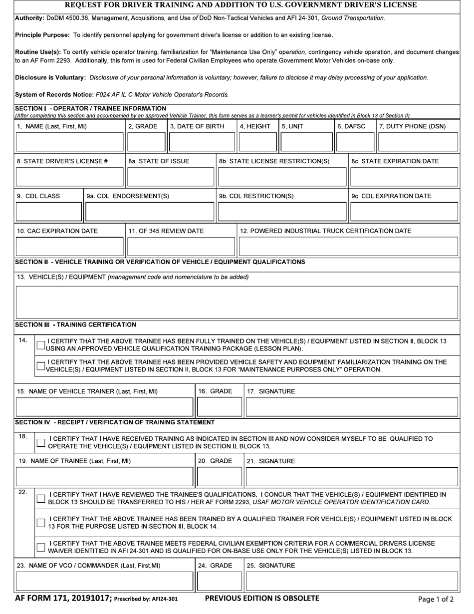 AF Form 171 Request for Driver Training and Addition to U.S. Government Drivers License, Page 1
