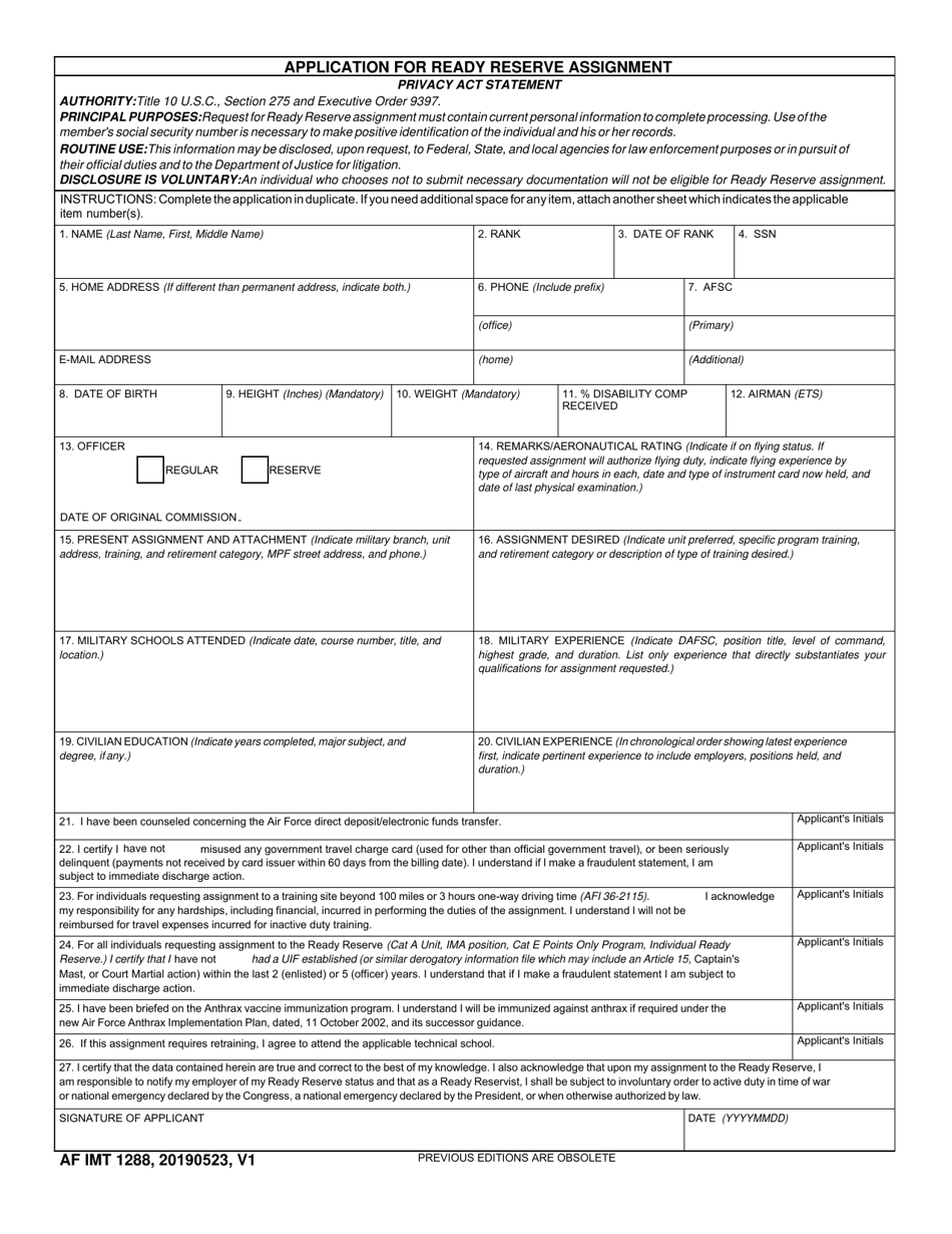 AF IMT Form 1288 Application for Ready Reserve Assignment, Page 1