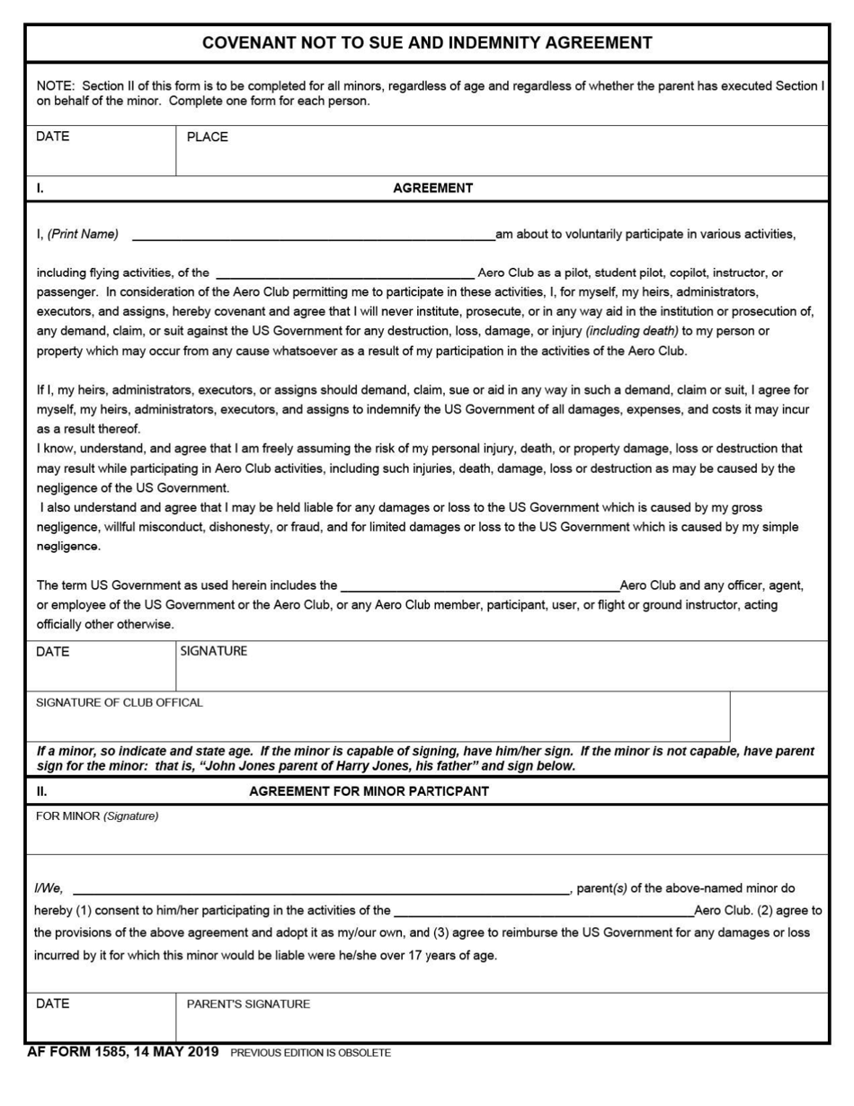 AF Form 1585 Convenant Not to Sue and Indemnity Agreement, Page 1