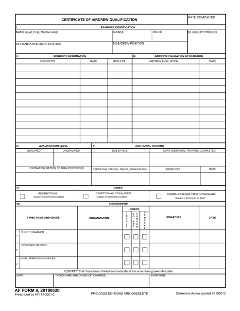 AF Form 8 Download Fillable PDF or Fill Online Certificate of Aircrew ...