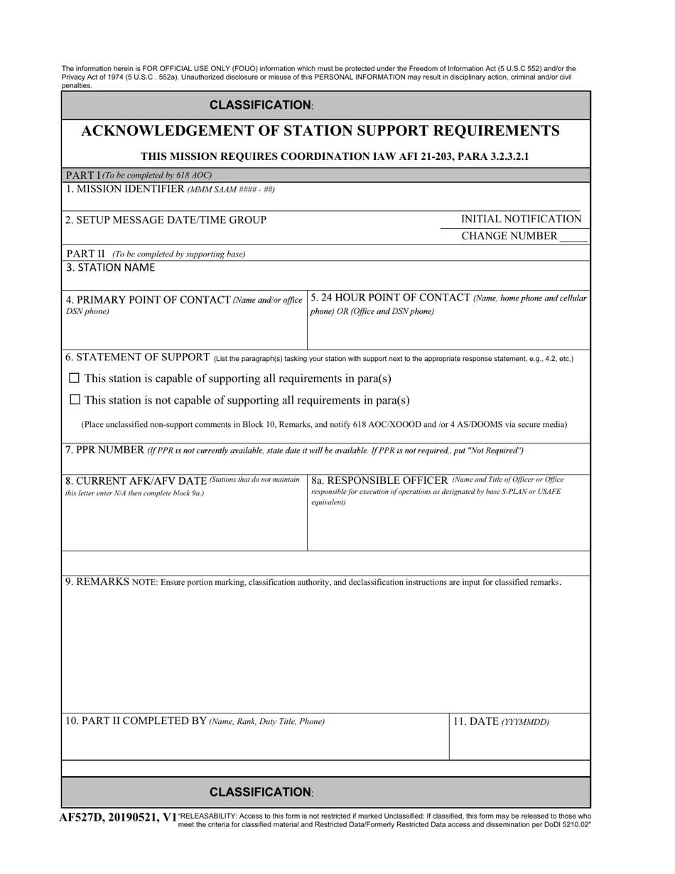 AF Form 527D Acknowledgement of Station Support Requirements, Page 1