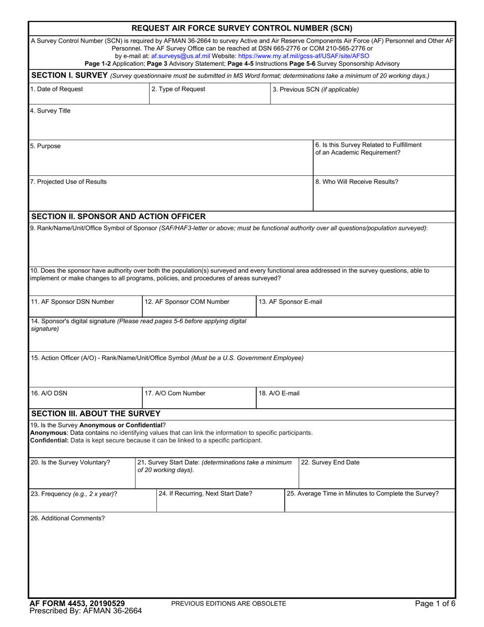 AF Form 4453 Request Air Force Survey Control Number (Scn), Page 1