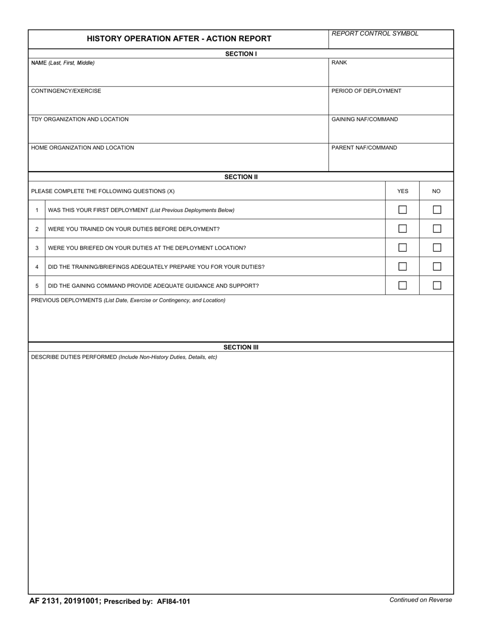 AF Form 2131 History Operation After-Action Report, Page 1