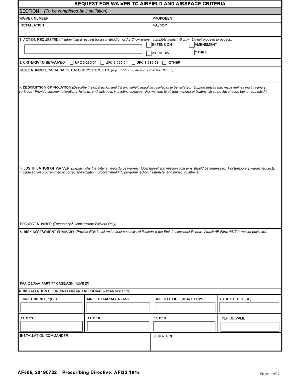 AF Form 505 Request for Waiver to Airfield and Airspace Criteria, Page 1
