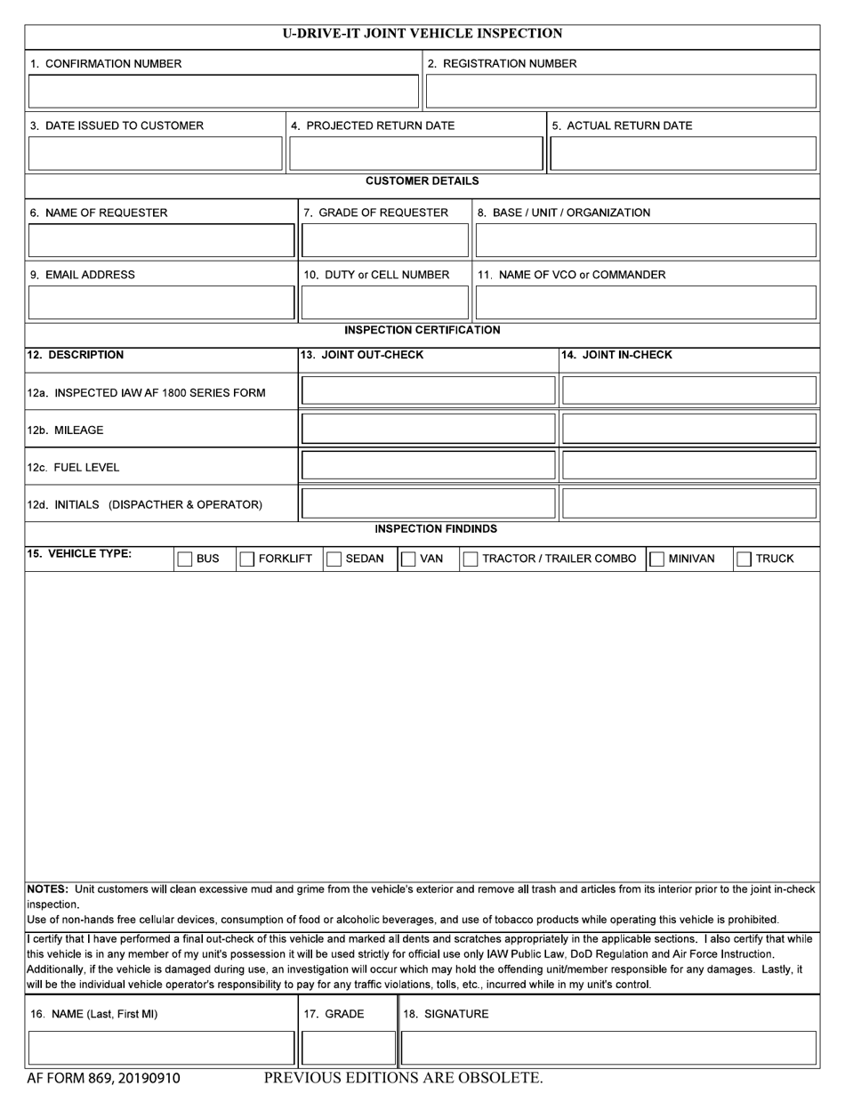 AF Form 869 U-Drive-It Joint Vehicle Inspection, Page 1