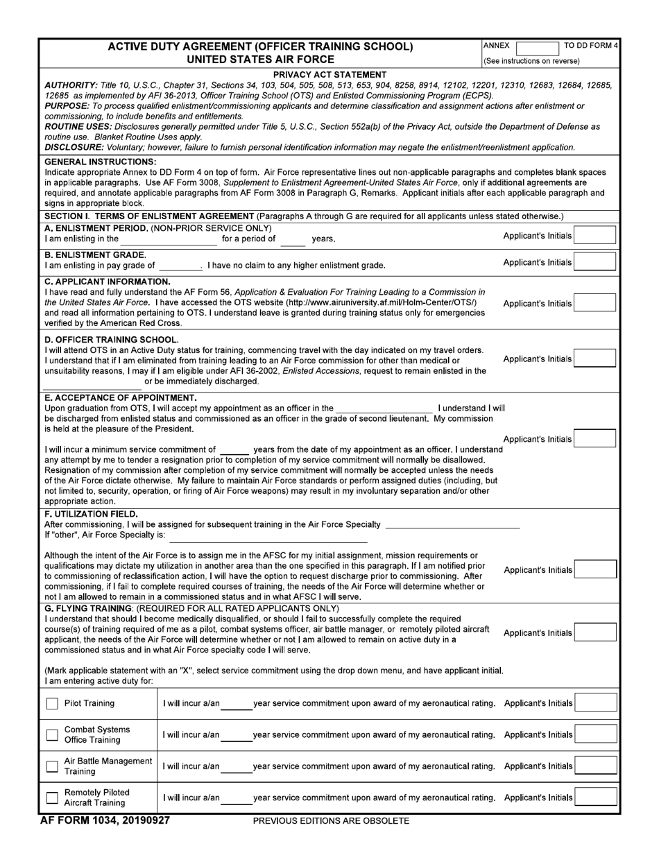 AF Form 1034 Active Duty Agreement (Officer Training School) United States Air Force, Page 1