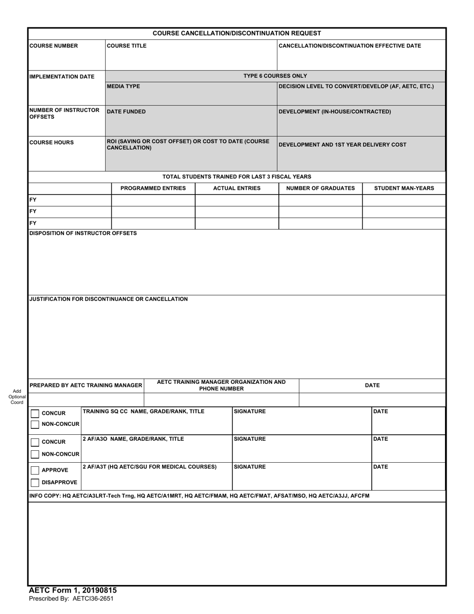 AETC Form 1 Course Cancellation / Discontinuation Request, Page 1