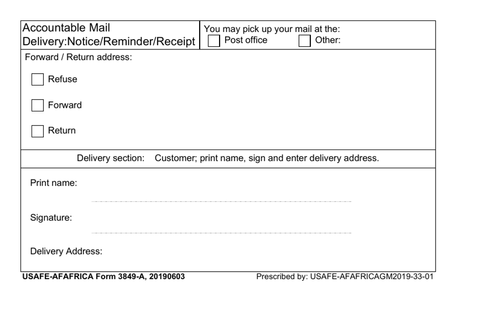 USAFE-AFAFRICA Form 3849-A Accountable Mail Delivery: Notice / Reminder / Receipt, Page 2