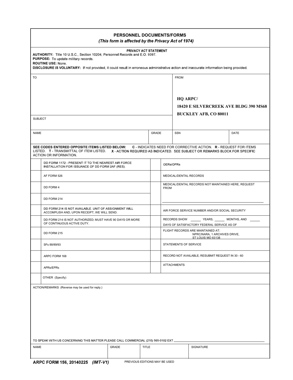 ARPC Form 156 Personnel Documents / Forms, Page 1
