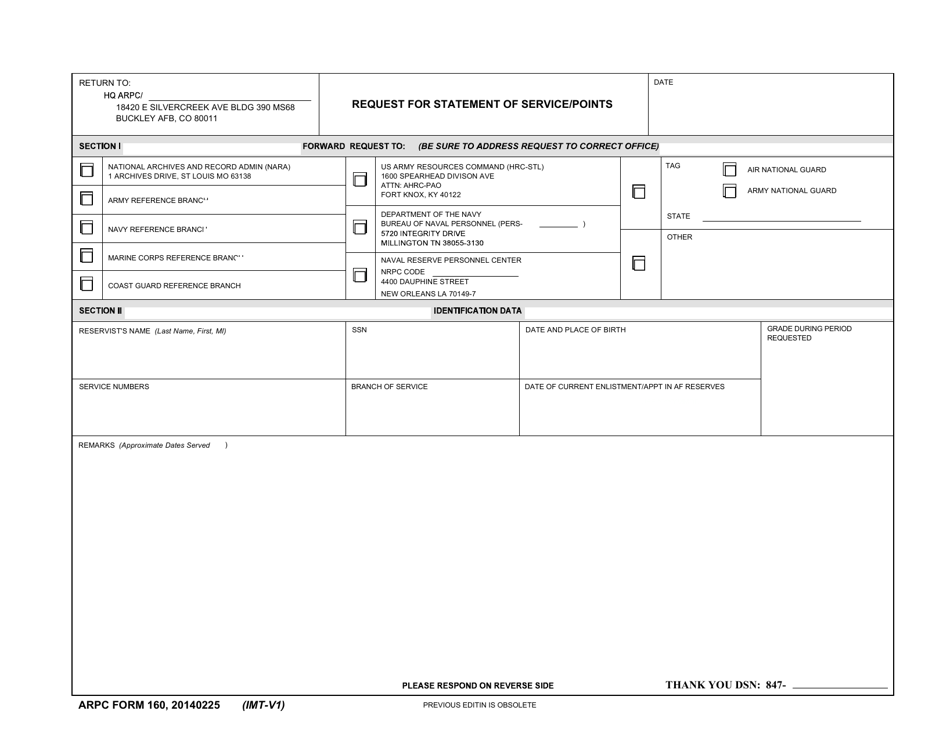ARPC Form 160 Request for Statement of Service / Points, Page 1