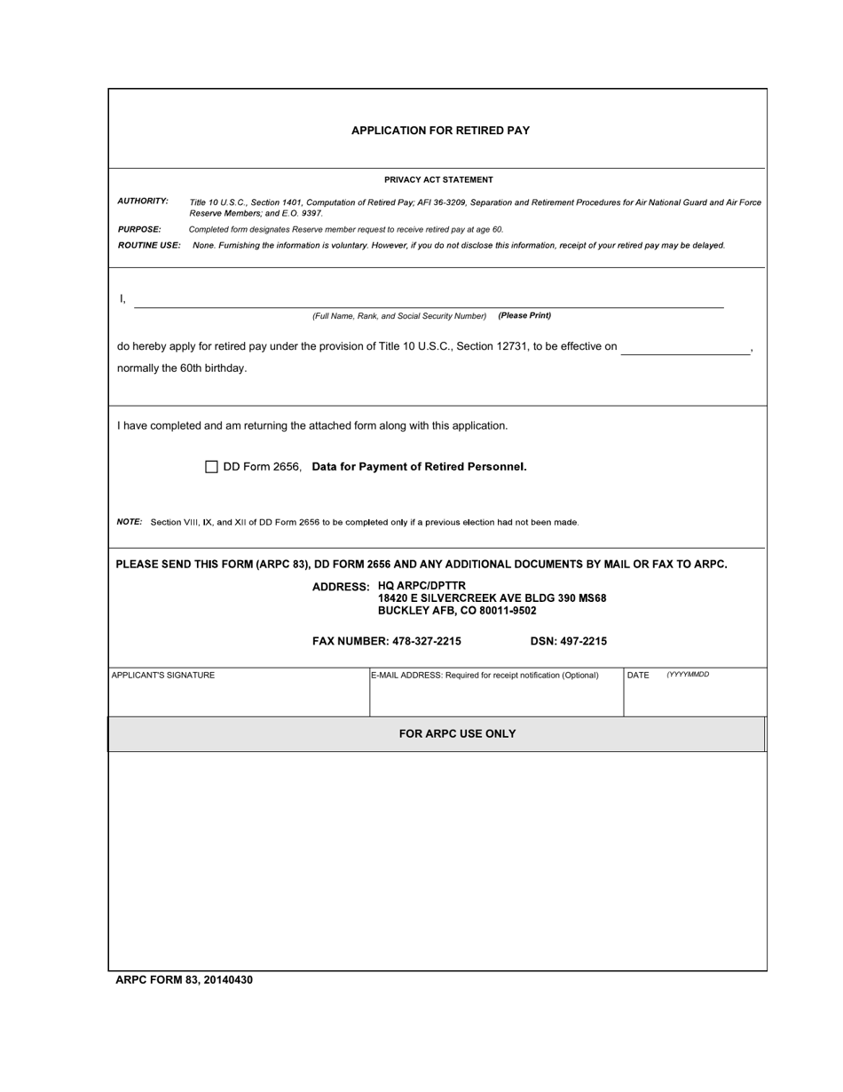 ARPC Form 83 Application for Retired Pay, Page 1