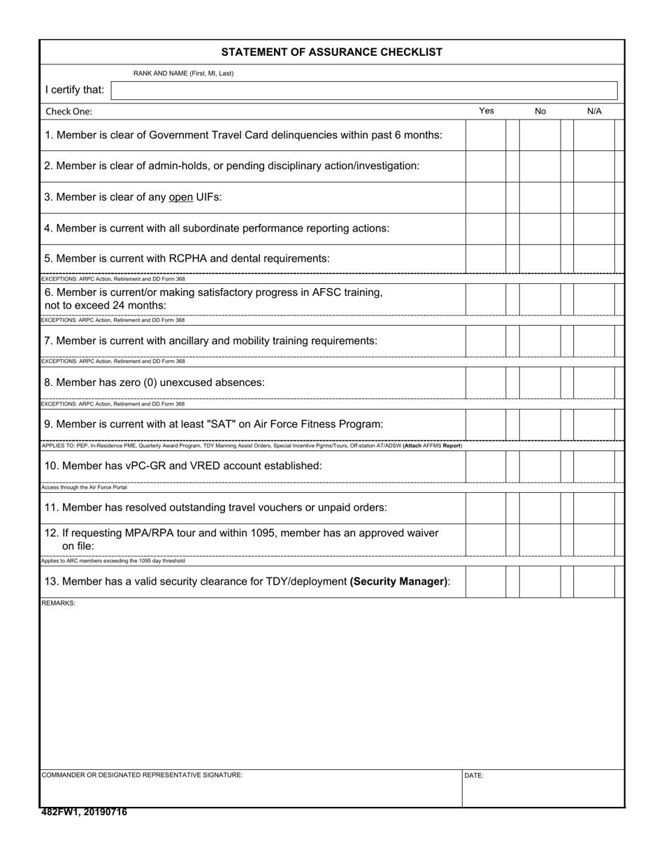 AF Form 482FW1 Statement of Assurance Checklist, Page 1