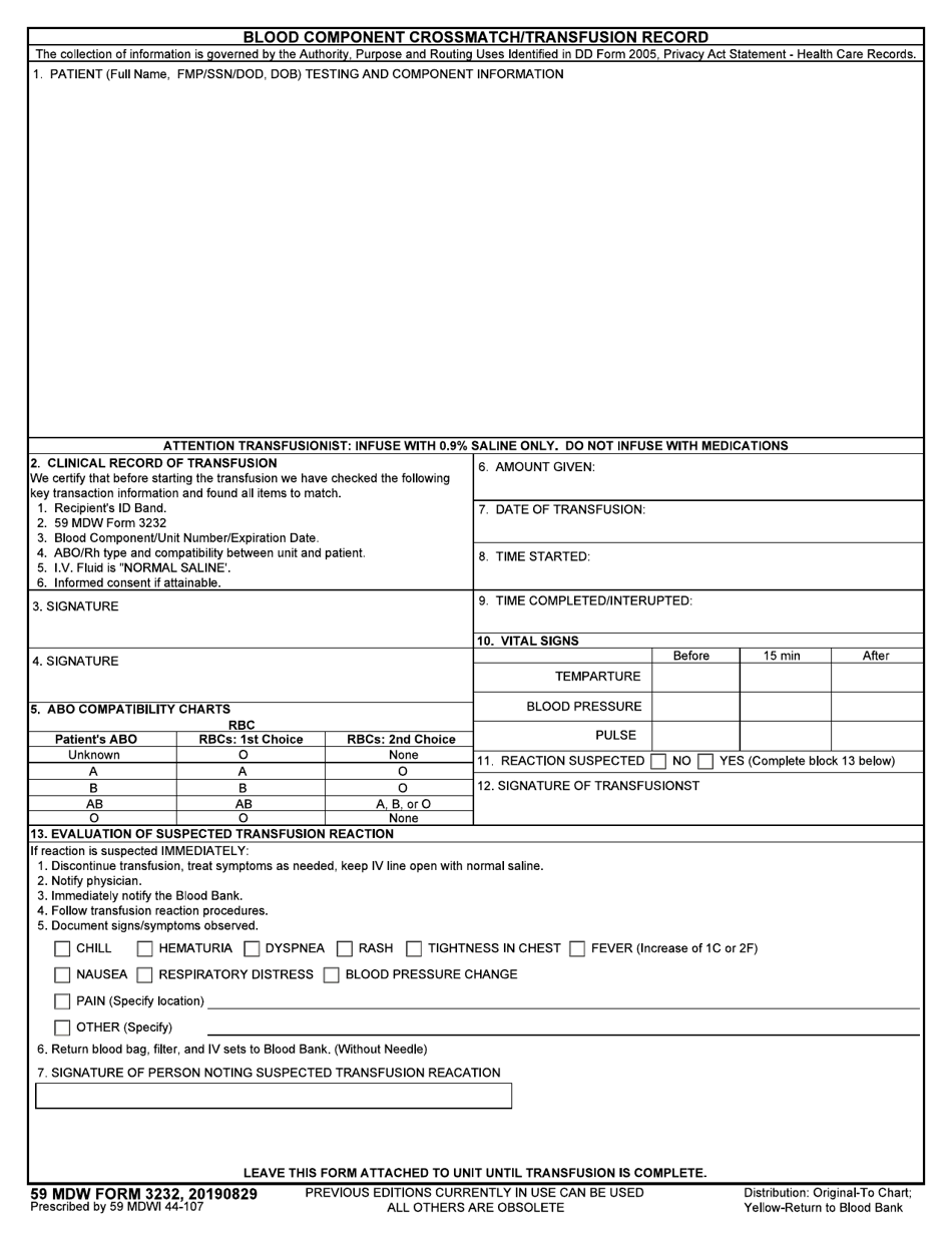 59 MDW Form 3232 Blood Component Crossmatch / Transfusion Record, Page 1