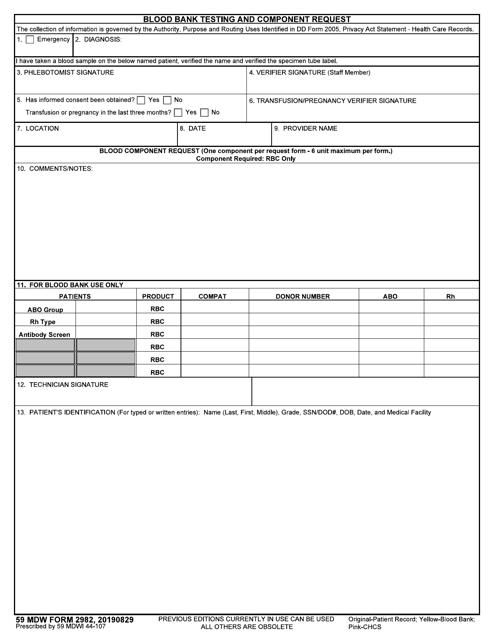 59 MDW Form 2982 Blood Bank Testing and Component Request