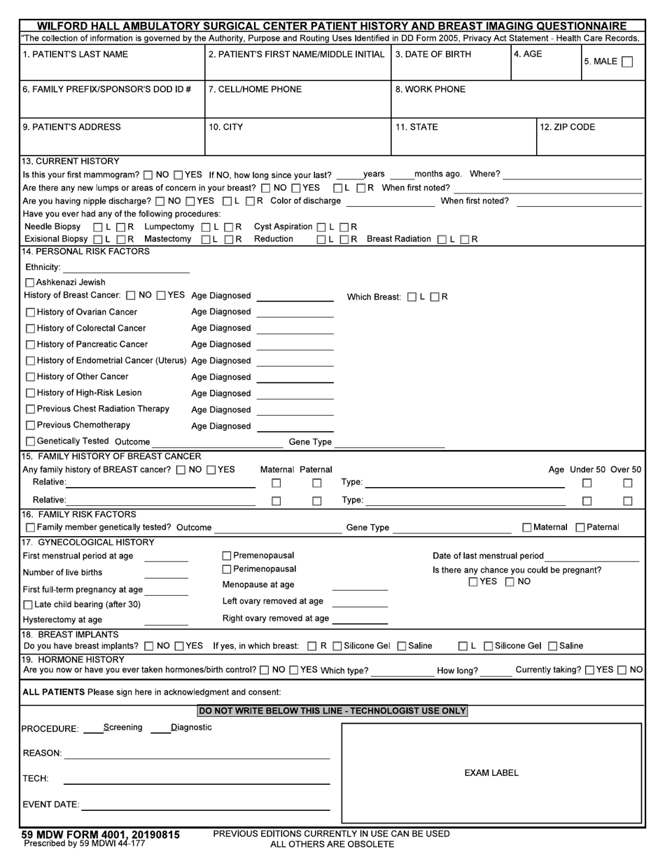 59 MDW Form 4001 Wilford Hall Ambulatory Surgical Center Patient History and Breast Imaging Questionnaire, Page 1
