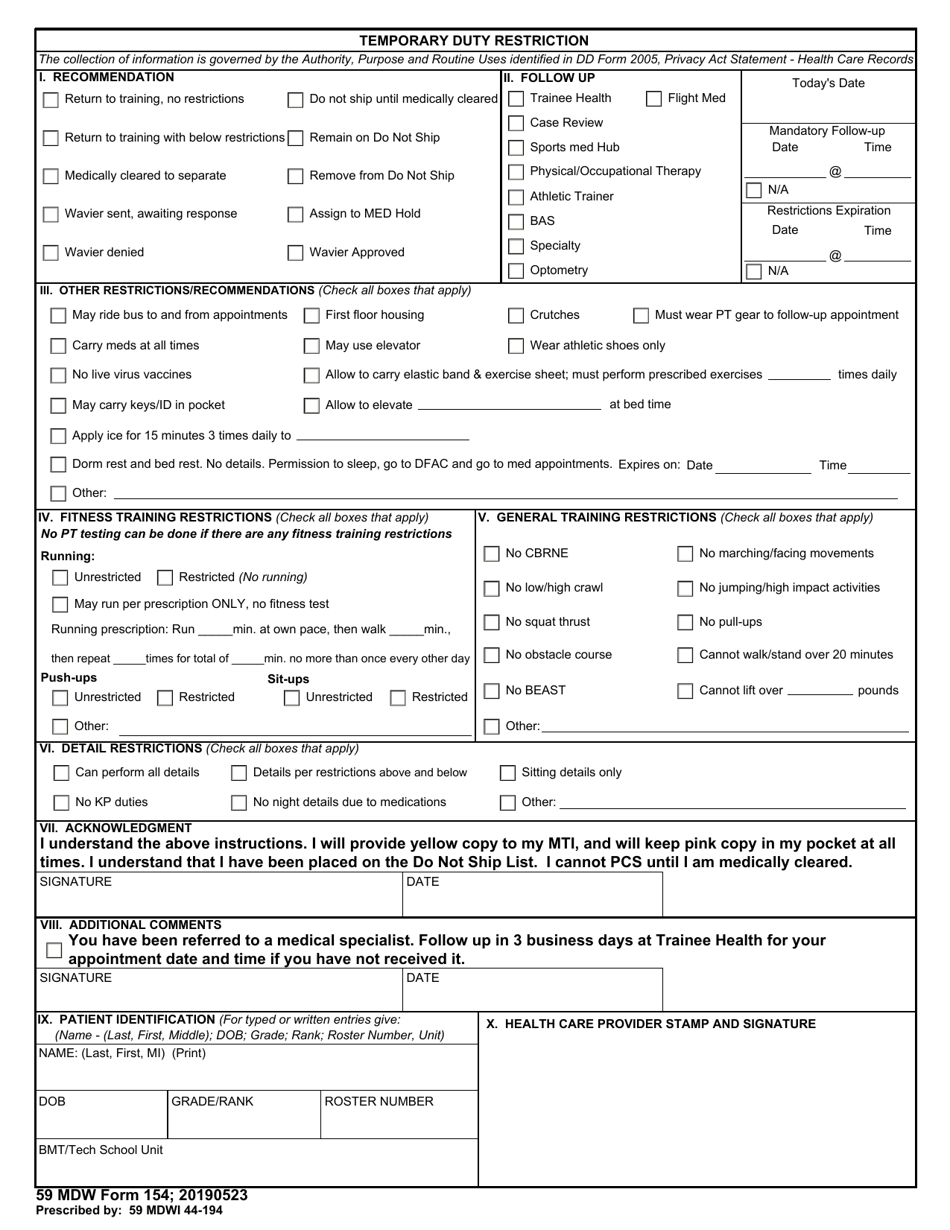 59 MDW Form 154 - Fill Out, Sign Online and Download Fillable PDF ...