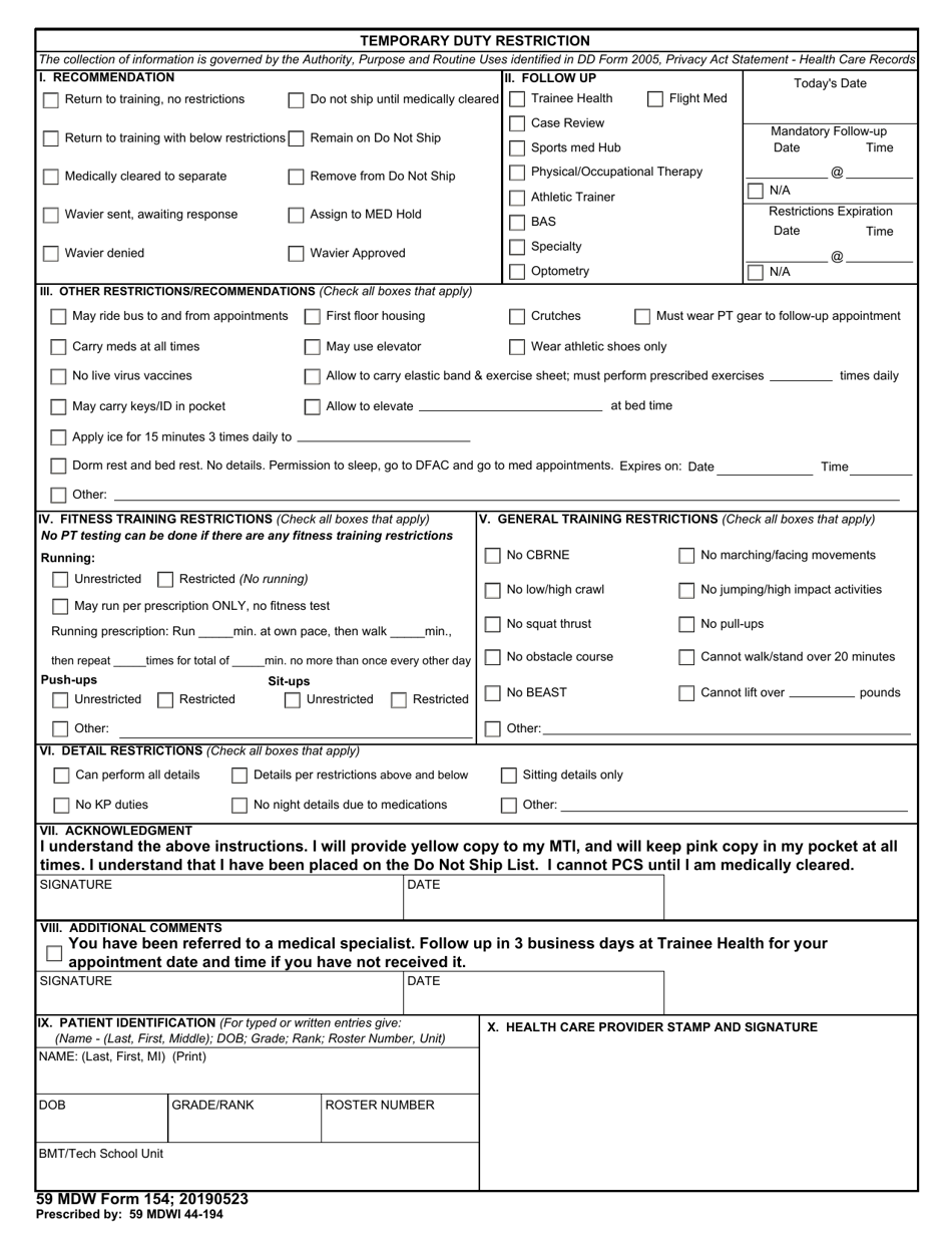 59 MDW Form 154 Temporary Duty Restriction, Page 1