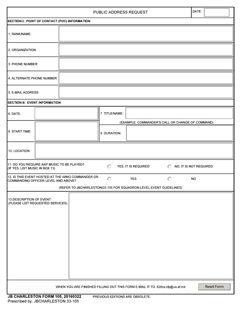 JB CHARLESTON Form 105 Public Address Request