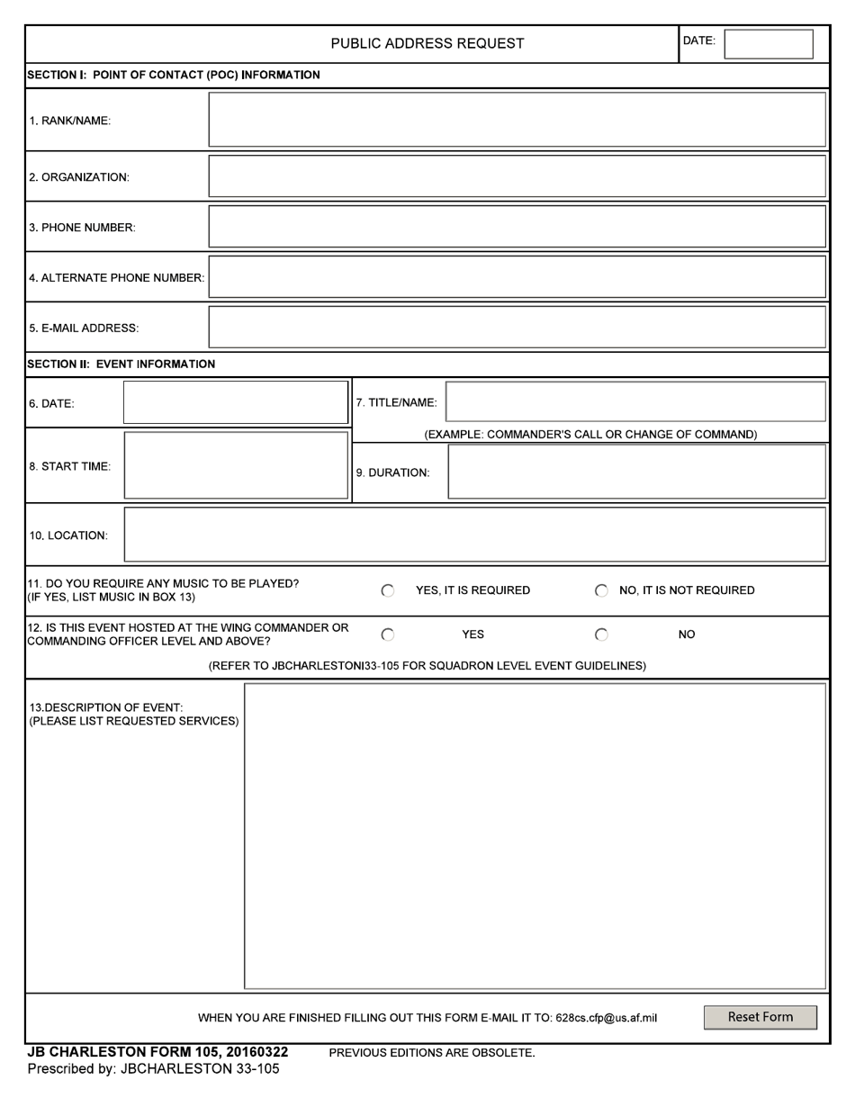 JB CHARLESTON Form 105 Public Address Request, Page 1