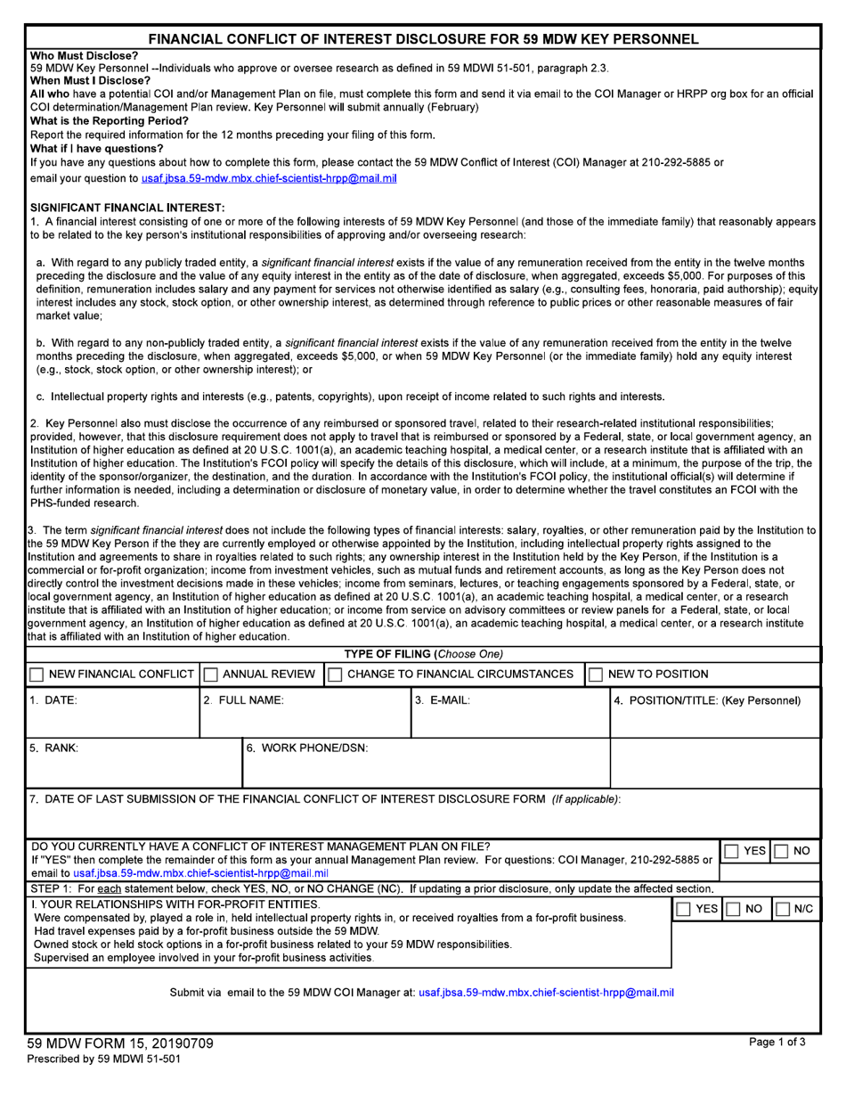 59 MDW Form 15 Financial Conflict of Interest Disclosure for 59 Mdw Key Personnel, Page 1