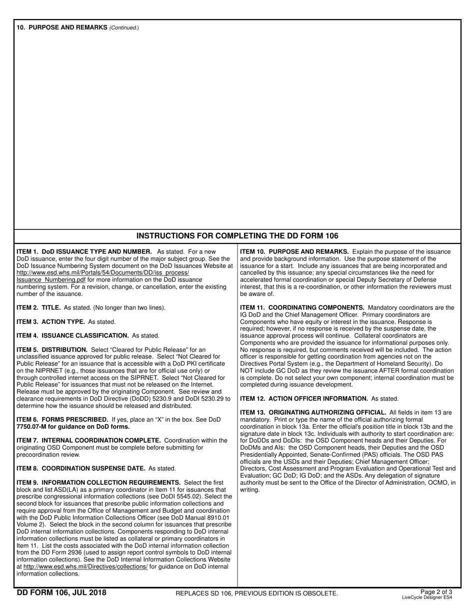 DD Form 106 DoD Issuances Program Coordination Initiation, Page 2