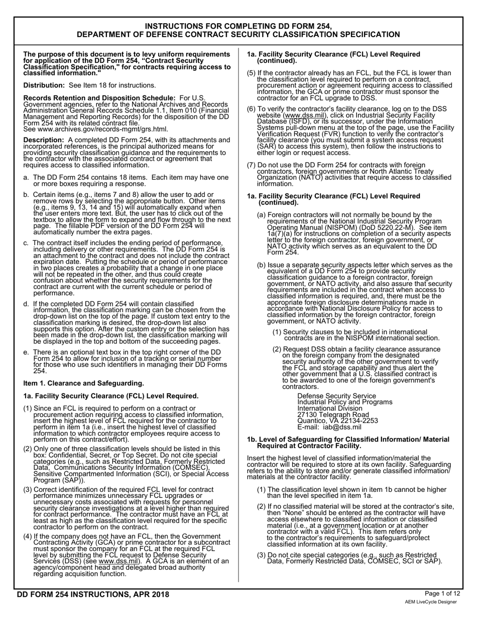 Download Instructions For DD Form 254 Department Of Defense Contract ...