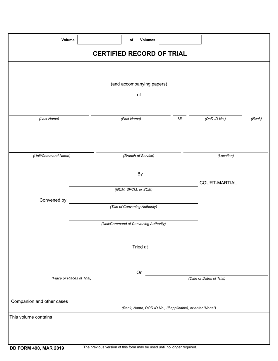 DD Form 490 Download Fillable PDF or Fill Online Certified Record of ...