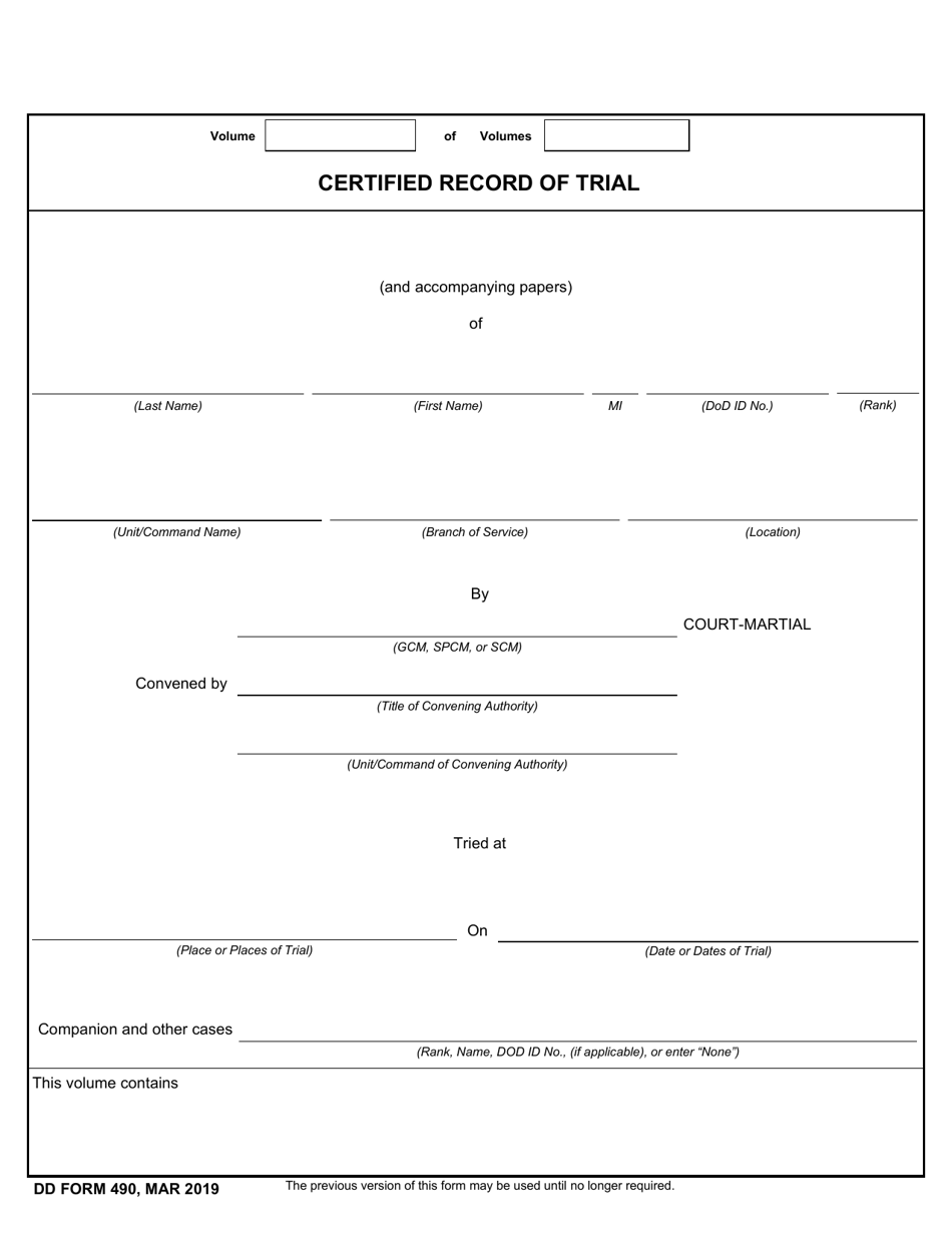 DD Form 490 Certified Record of Trial (Pages 1-4 Only), Page 1