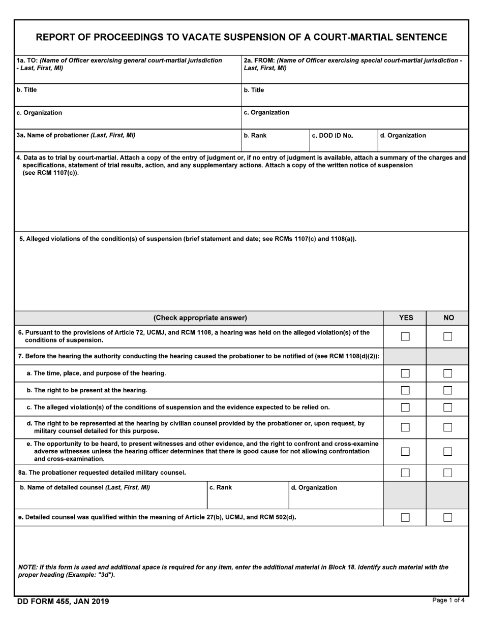 DD Form 455 Download Fillable PDF or Fill Online Report of Proceedings ...