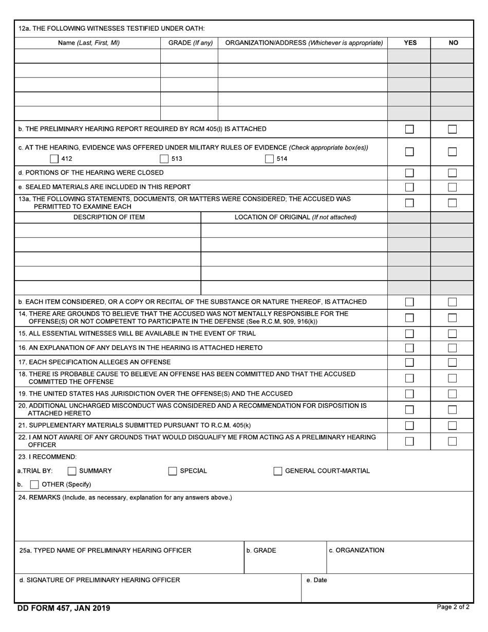 DD Form 457 Download Fillable PDF or Fill Online Preliminary Hearing ...