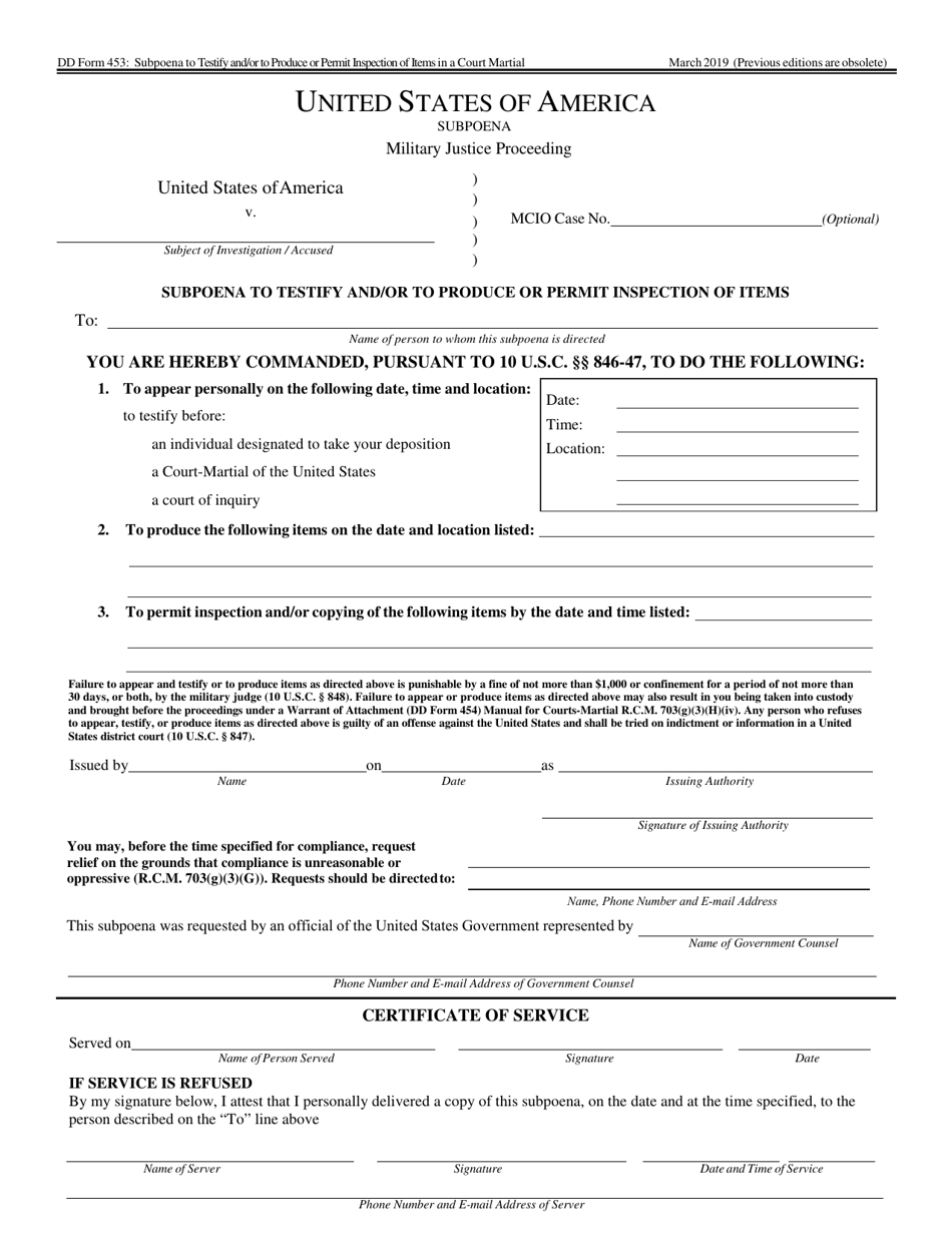 DD Form 453 Subpoena, Page 1