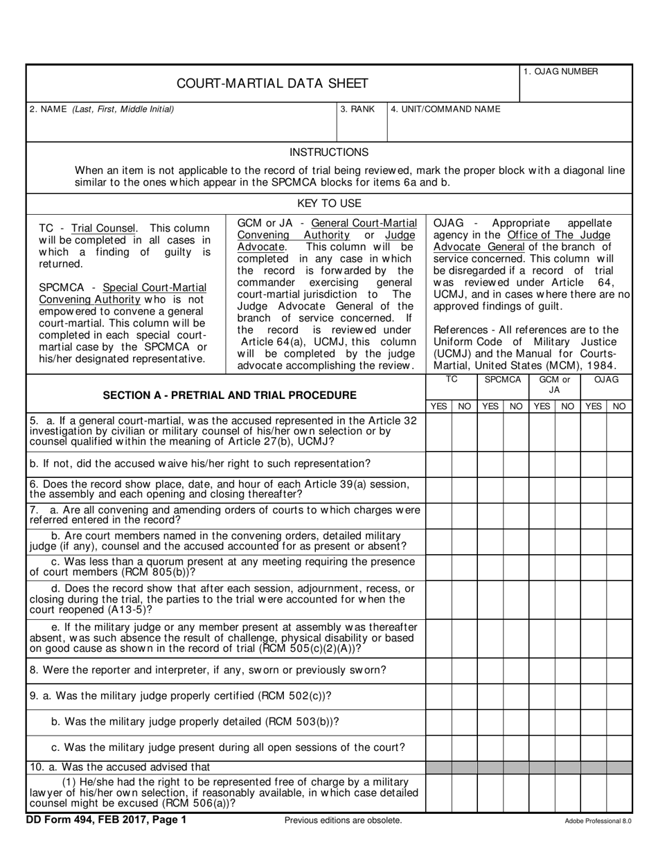 DD Form 494 Court-Martial Data Sheet, Page 1