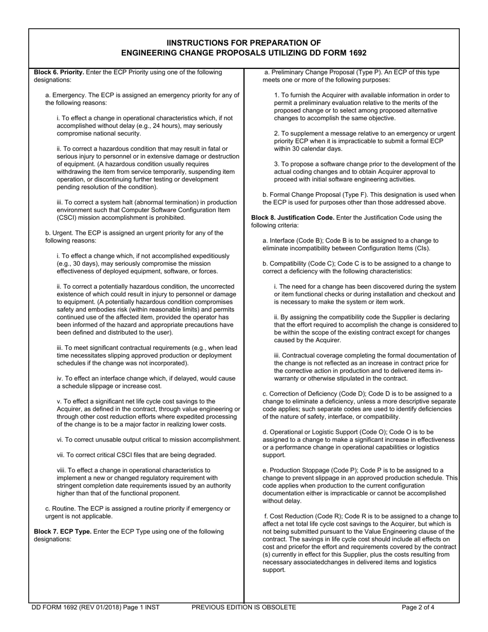 Instructions for DD Form 1692 Page 1 Engineering Change Proposal (Ecp), Page 2