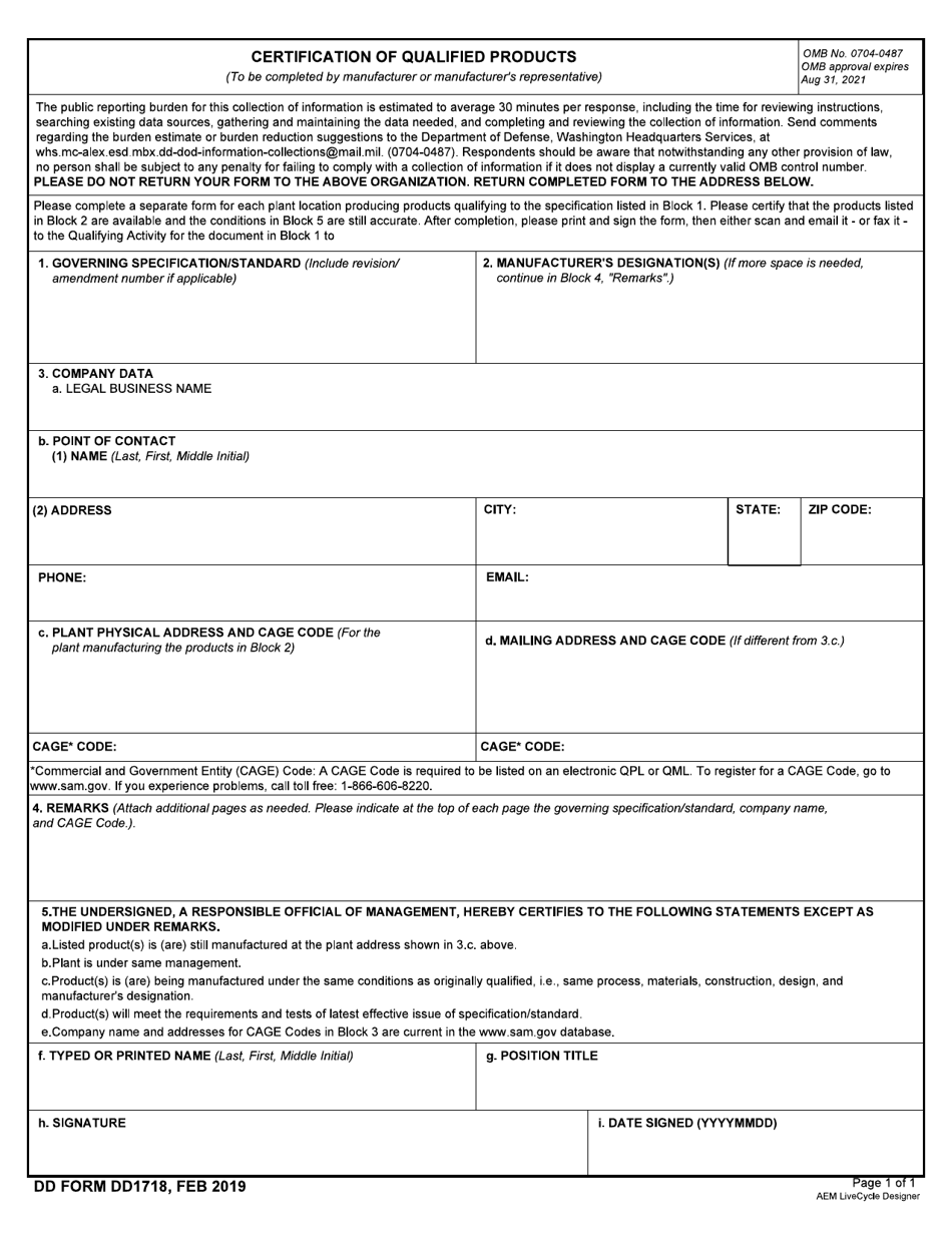 DD Form DD1718 Certification of Qualified Products, Page 1