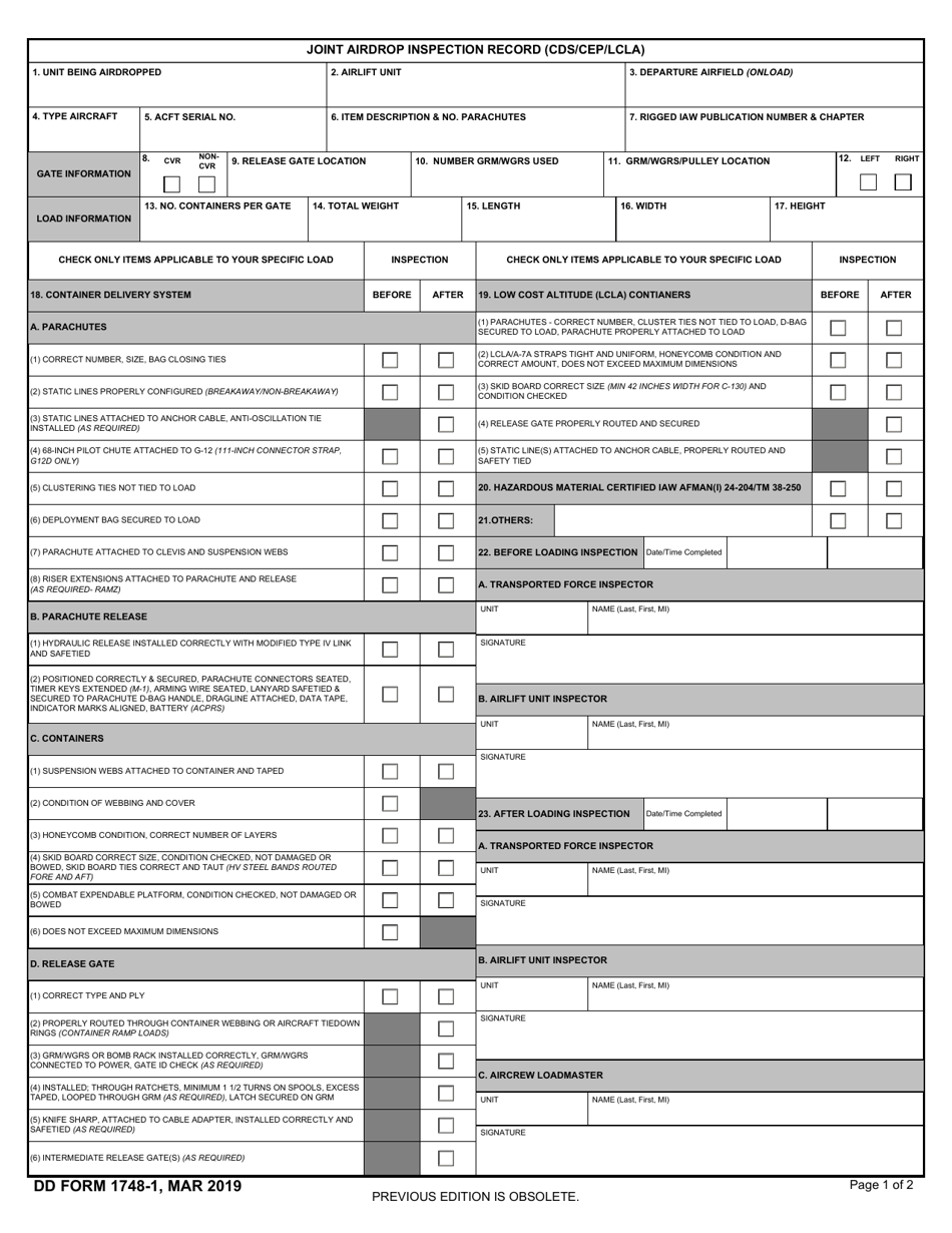 DD Form 1748-1 Download Fillable PDF or Fill Online Joint Airdrop