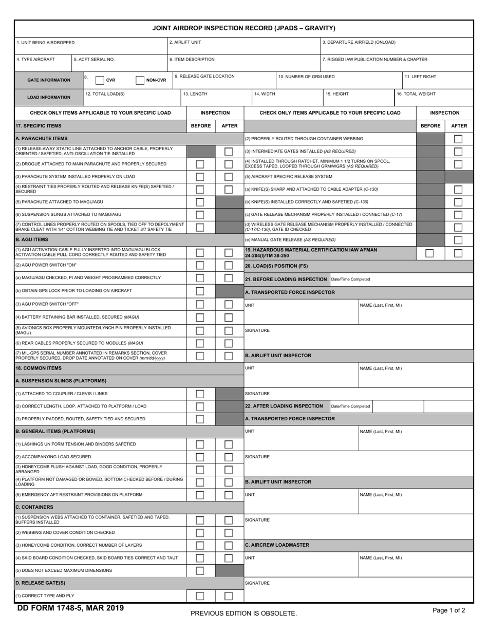 DD Form 1748-5 Joint Airdrop Inspection Record (Jpads-Precision Airdrop), Page 1