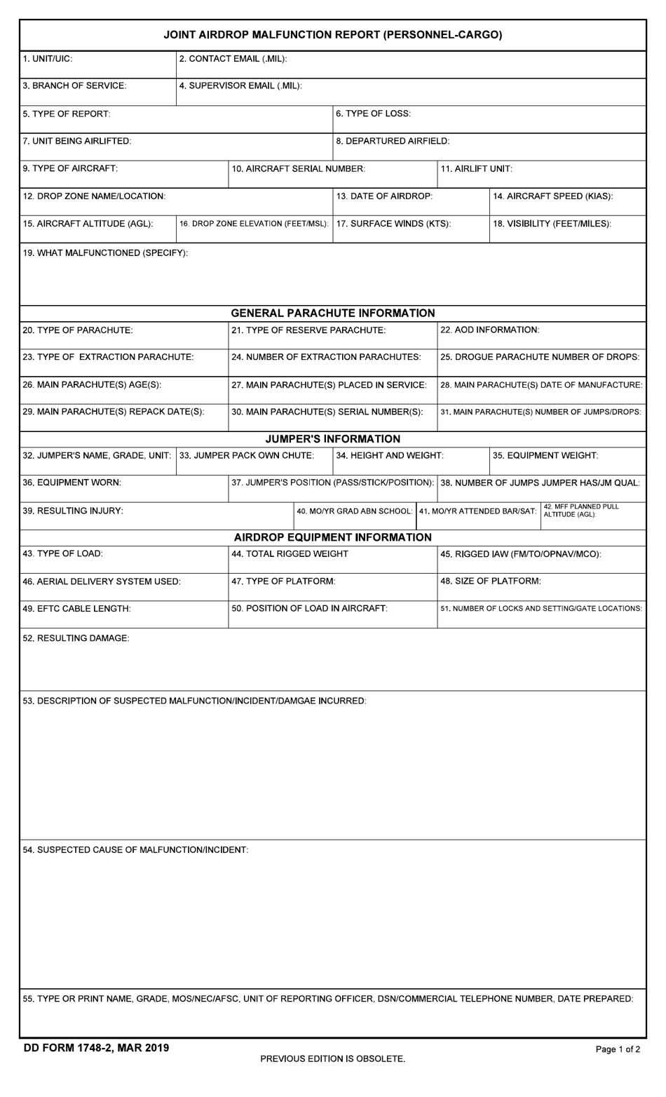 DD Form 1748-2 Airdrop Malfunction Report (Personnel-Cargo), Page 1