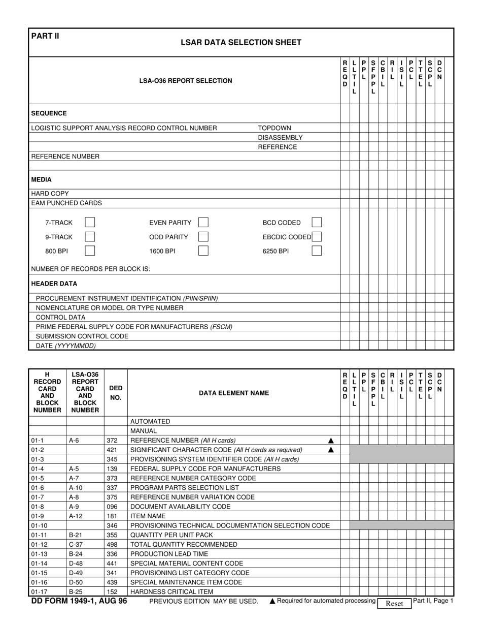 DD Form 1949-1 Part II Lsar Data Selection Sheet, Page 1
