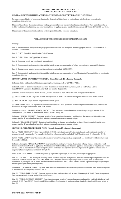 Instructions for DD Form 2327 Unit Aircraft Utilization Plan