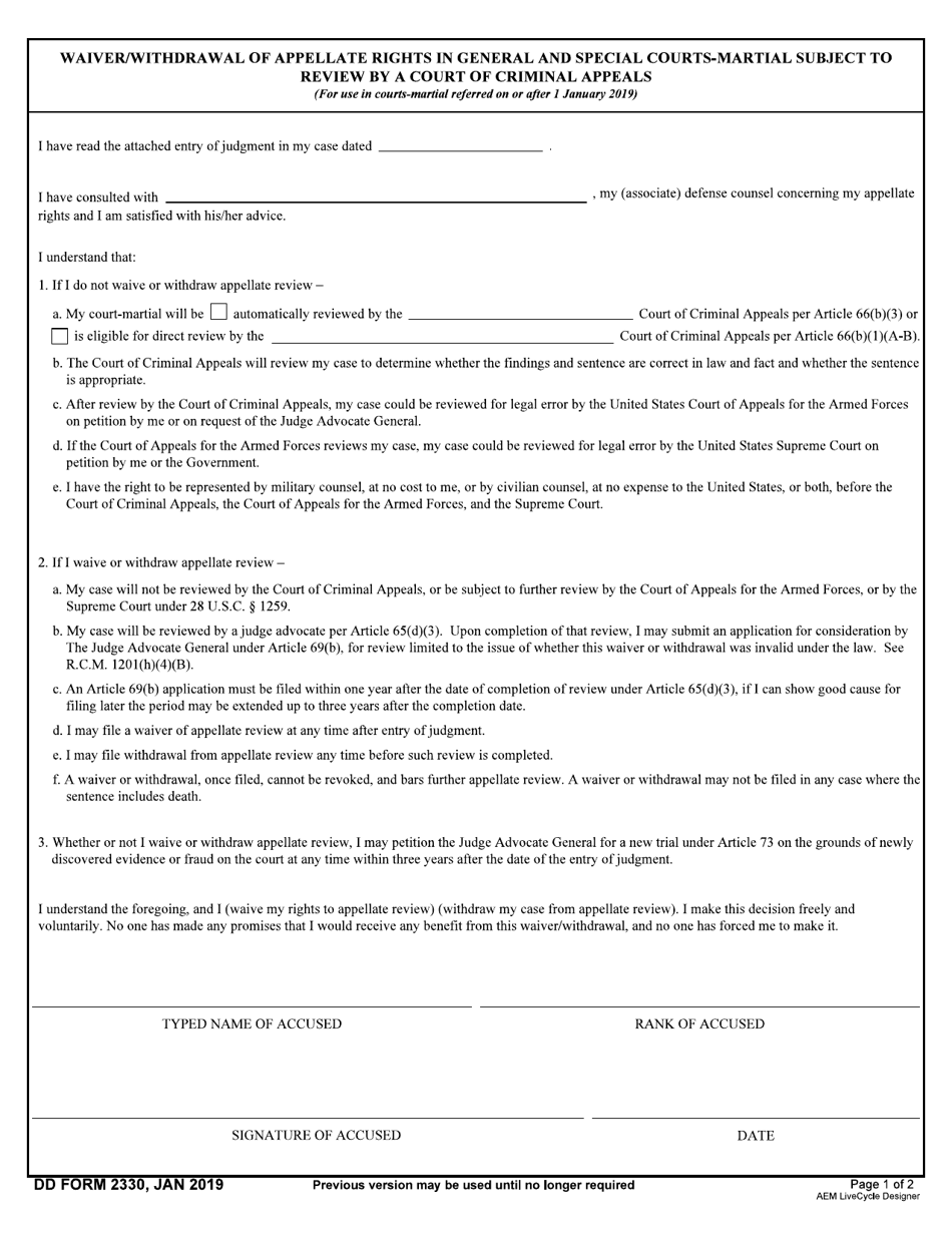 DD Form 2330 Waiver / Withdrawal of Appellate Rights in General and Special Courts-Martial Subject to Review by a Court of Military Review, Page 1