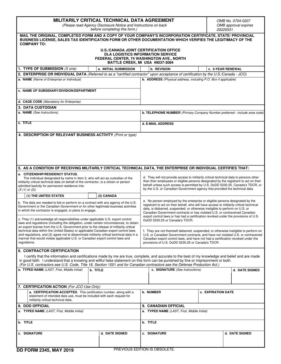DD Form 2345 Militarily Critical Technical Data Agreement, Page 1