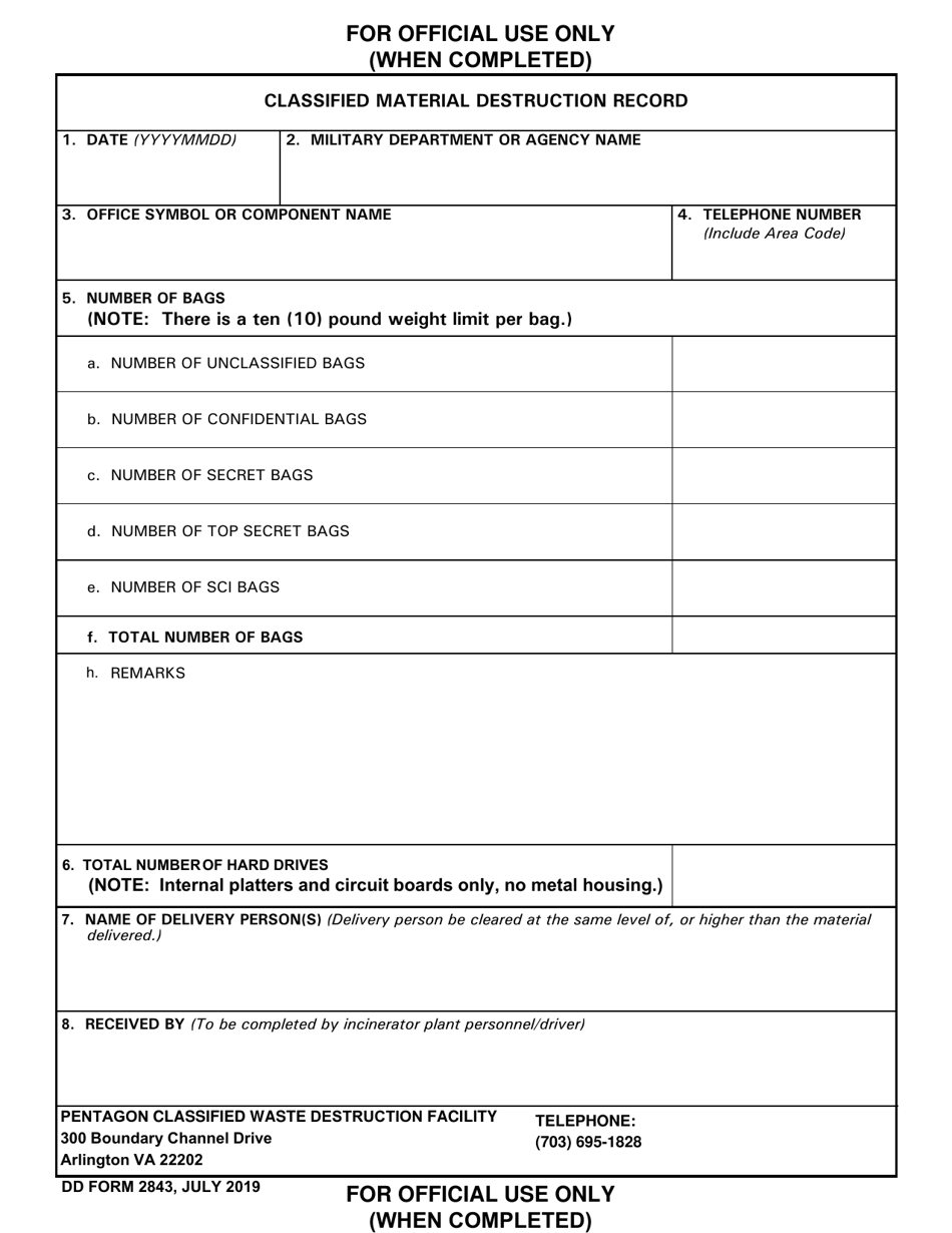 DD Form 2843 Classified Material Destruction Record, Page 1