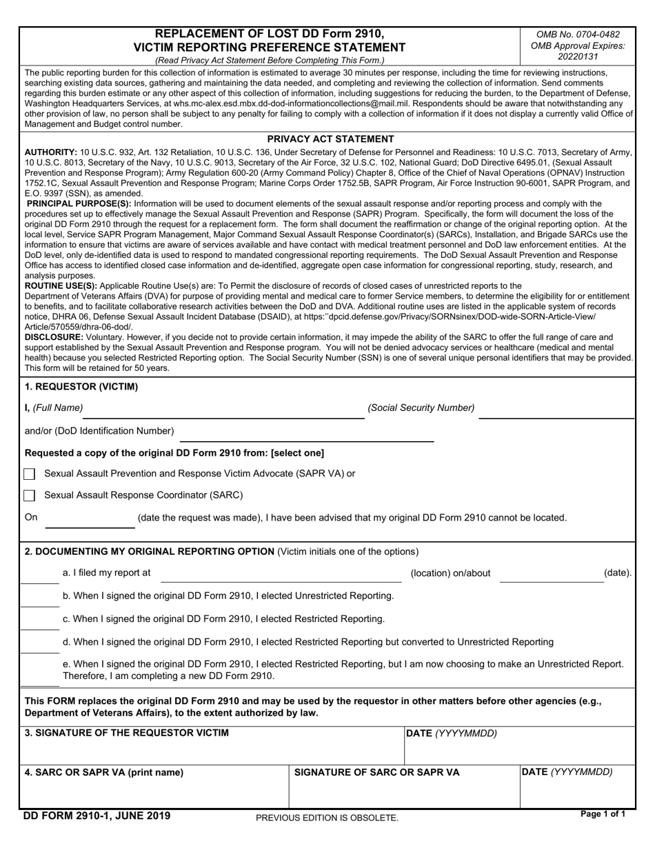 DD Form 2910-1 Replacement of Lost DD Form 2910, Victim Reporting Preference Statement, Page 1
